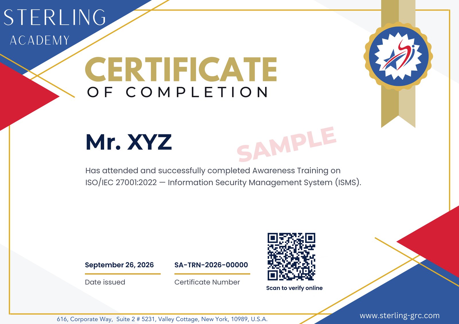 Sample Sterling Academy Certificate of Completion issued to Mr. XYZ for ISO/IEC 27001:2022 Awareness, number SA-TRN-2026-00000, with a QR code to verify it online. Marked SAMPLE.